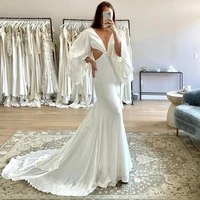 eightree sexy wedding dresses mermaid backless bridal dress white satin puff sleeve v neck long wedding evening gowns plus size