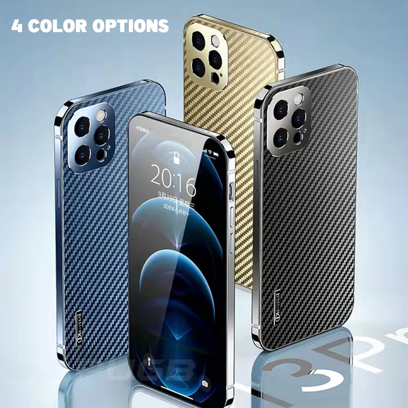 Luxury Carbon Fiber Texture Titanium Metal Bumper Case for iPhone 12 13 Pro Max Shockproof Ultra-thin Camera Protection Cover images - 6