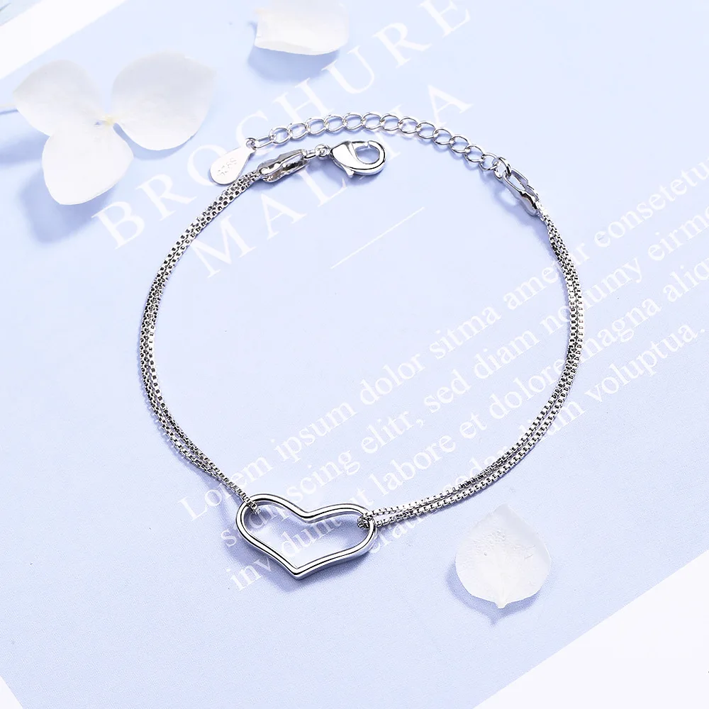 

925 Sterling Silver Adjustable Box Chain Heart Shape Charm Bracelets Jewelry For Woman Party Accessories sl068