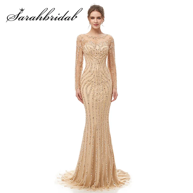 

New Luxury Long Dresses For Women Party Wedding Evening Mermaid Beading Crystal Arabic Ceremony Gowns Formal Robe De Soiree 5405