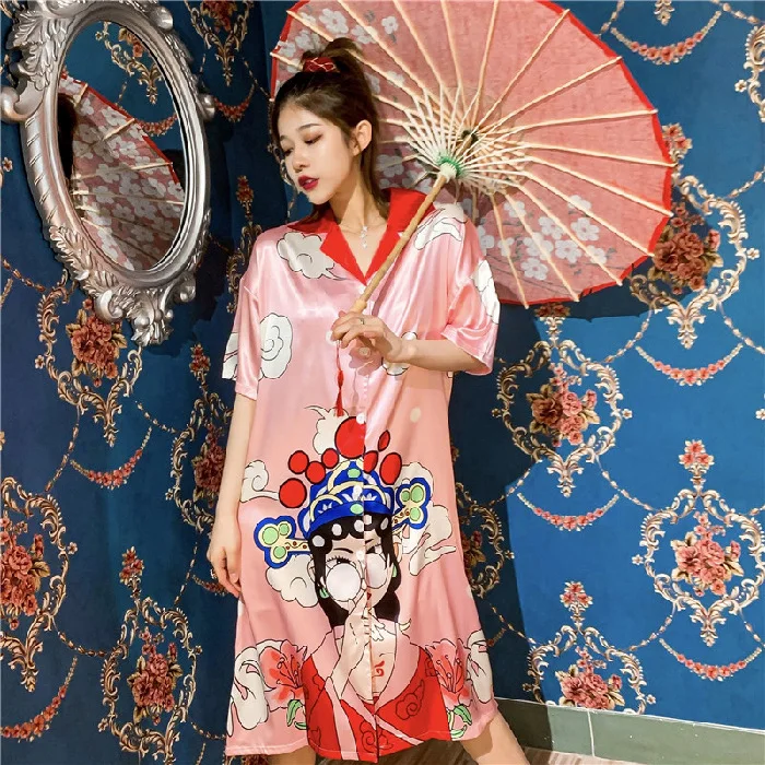 

Autumn Summer Pajamas for Women Ice Silk Chinese Style Print Pyjama Leisure Long Sleeve Plus Size Ladies Home Clothing Nightie