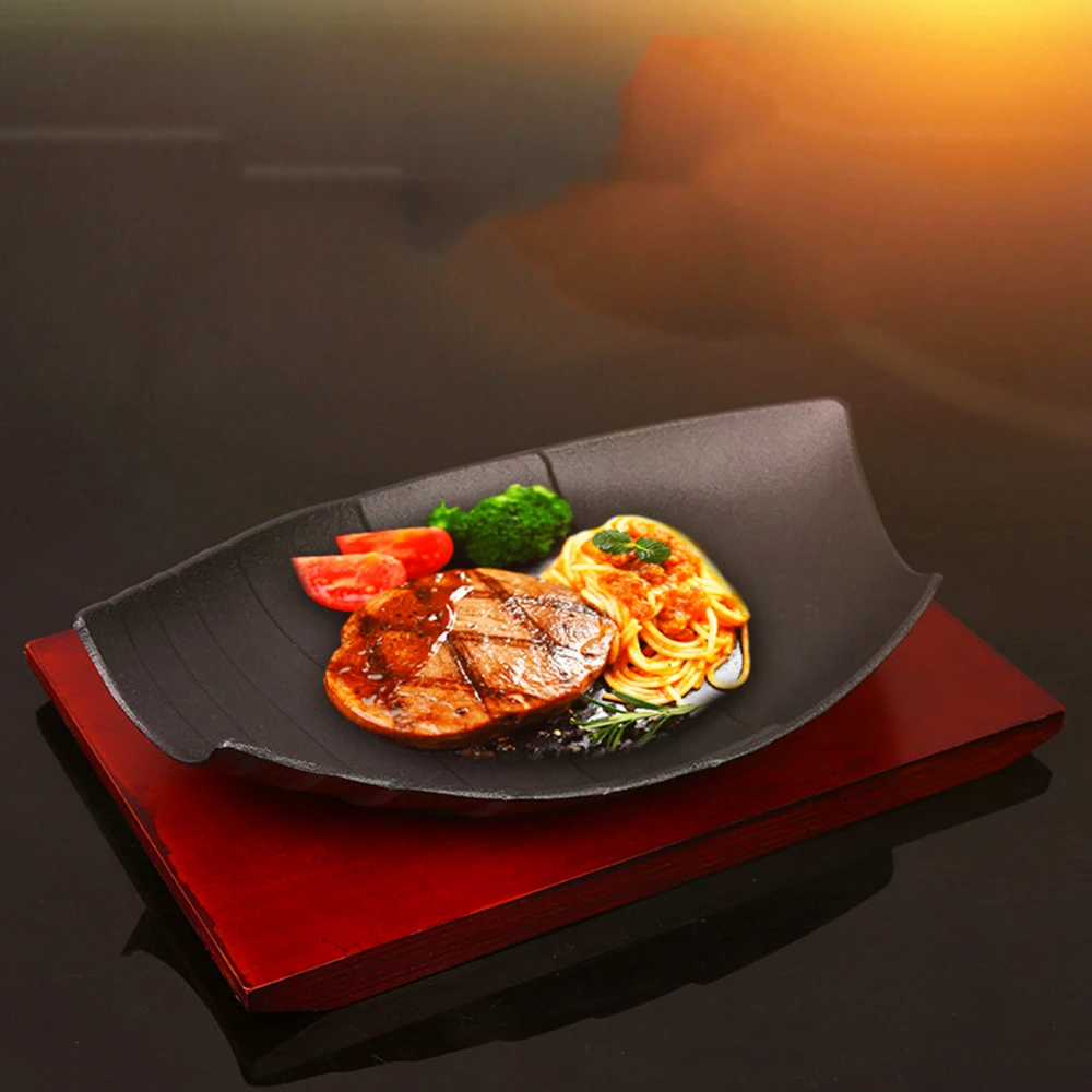 

Non Stick Cast Iron Roasting Steak Pan Enamel Fried Pot Plate Frying Wooden Base Holder Cookware Gas Oven Electric Irregular