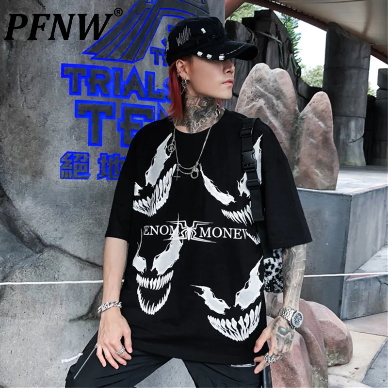 

PFNW 2021 New Dark Style Black T-shirts Funny Print Streetwear 2021 Summer Hip Hop Casual Evil Short Sleeve Tops Tees 12X1064