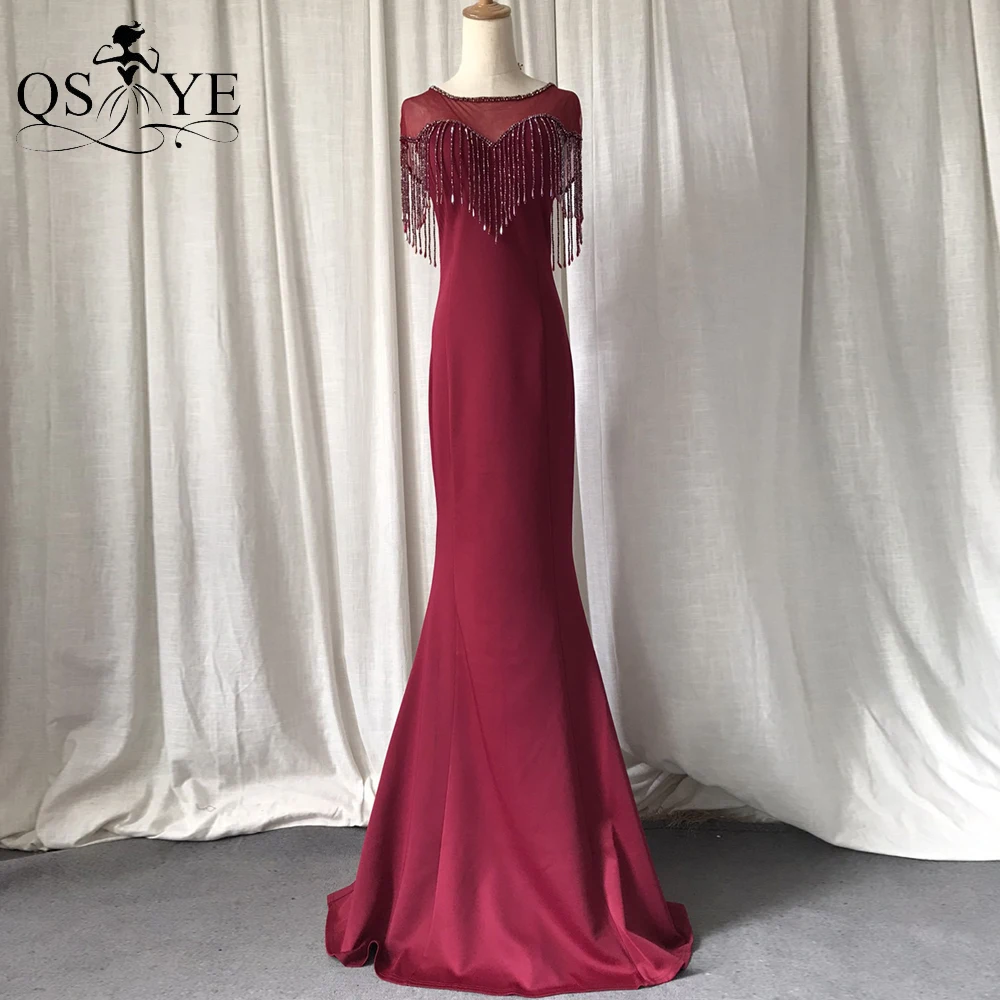 

Beading Straps Burgundy Evening Dresses Mermaid Stretchy Prom Gown Cap Sleeves Scoop Neck Red Formal Party Gown Bead Tassels