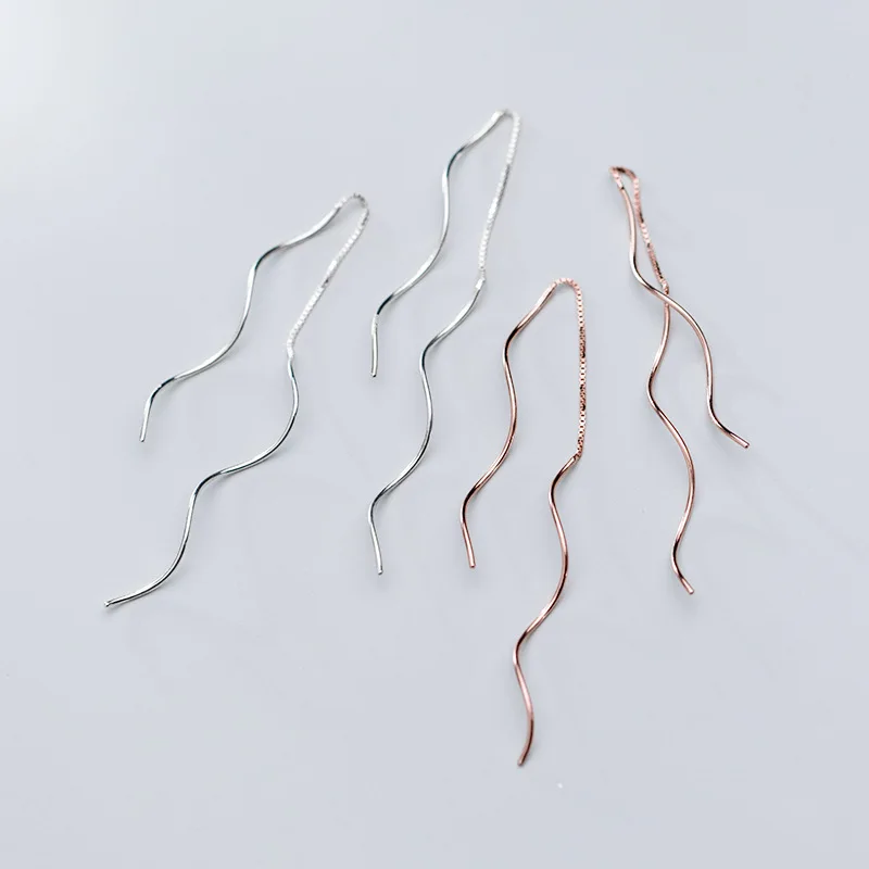 Натуральная 925 стерлингового серебра волна Форма тянуть через нити серьги