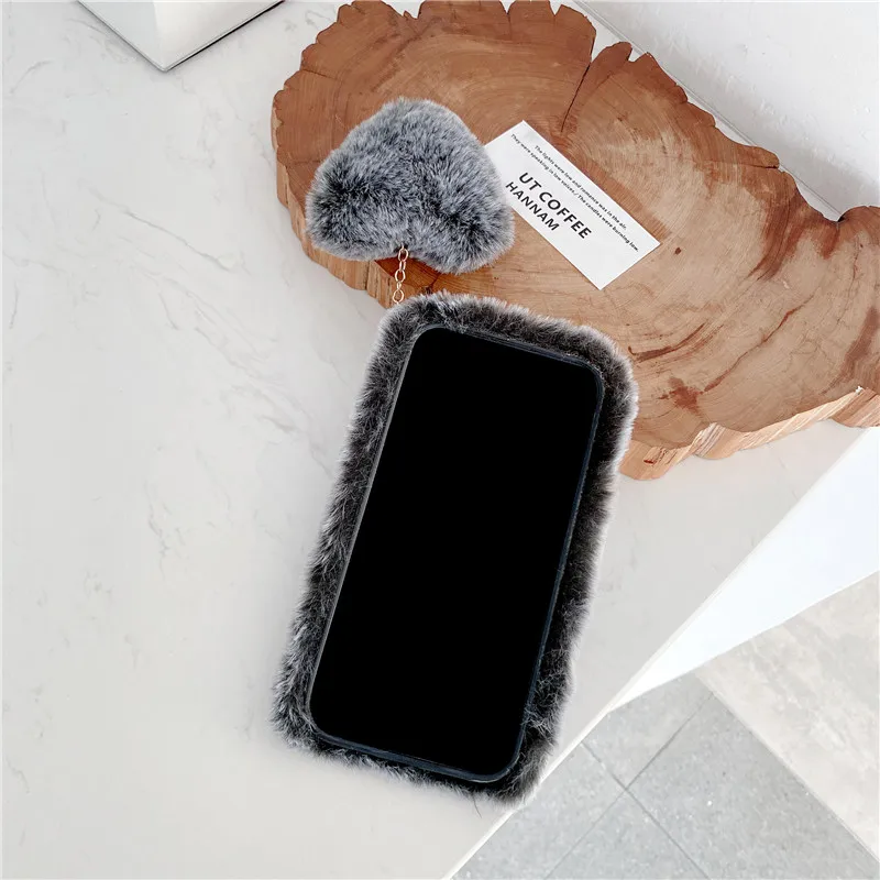 Love Heart Pendant Phone Case For Samsung A51 A71 A12 S21 S20 Note 20 Ultra A02S A32 A42 A52 A72 Rabbit Plush Furry Fluffy Cover