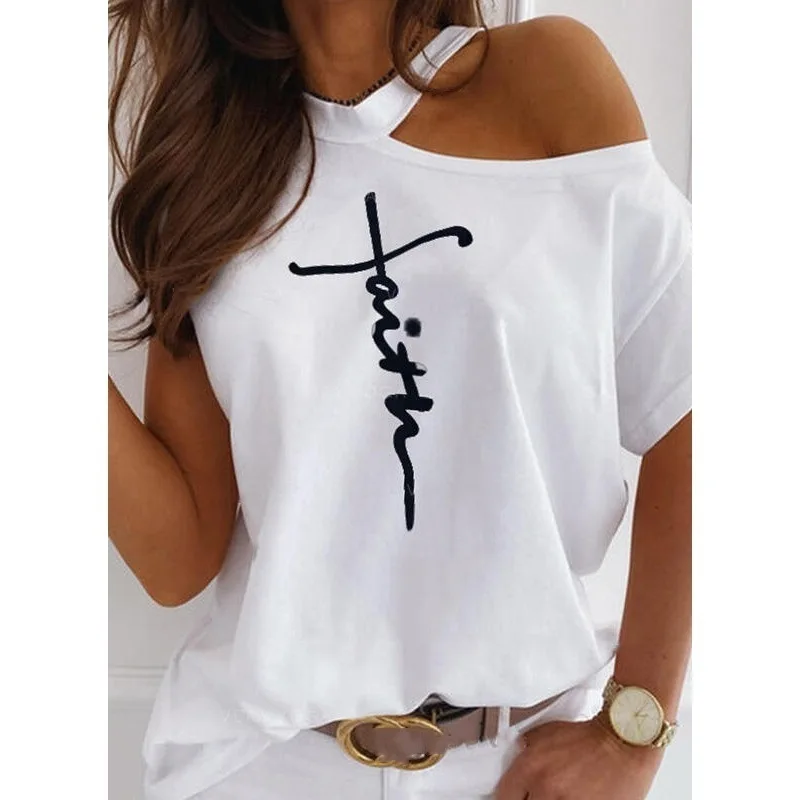 

NEW Large size Top Sexy Off Shoulder summer Tshirt Women Print Casual Summer Short Sleeve O-neck Pullovers Tops Fashion Street T
