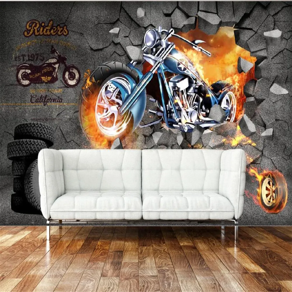 

Milofi custom 3D wallpaper mural retro nostalgic flame motorcycle 3D background wall living room bedroom decoration painting wal