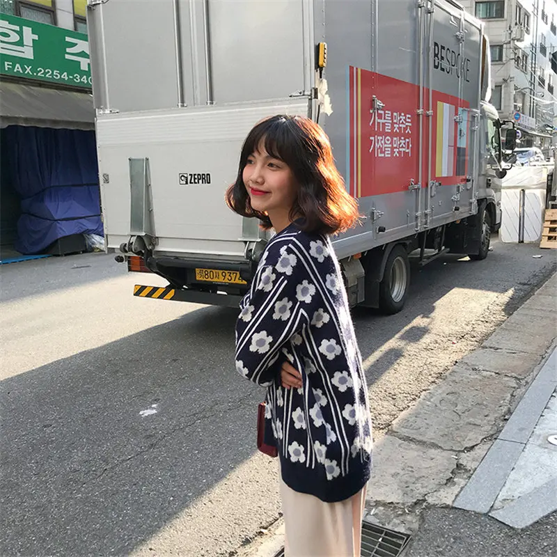 

HziriP Girls Thicken Patchwork Floral Soft Warm Fresh Casual Fashion Pullovers Knitted Loose Sweet Women Streetwear Sweaters