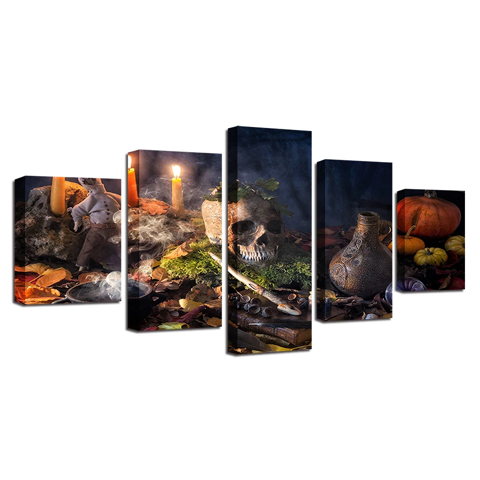 

HD Printed Decor Living Room Abstract Pictures Wall Art 5 Pieces Candle Smoke And Skull Poster Modular Framework Canvas Painting