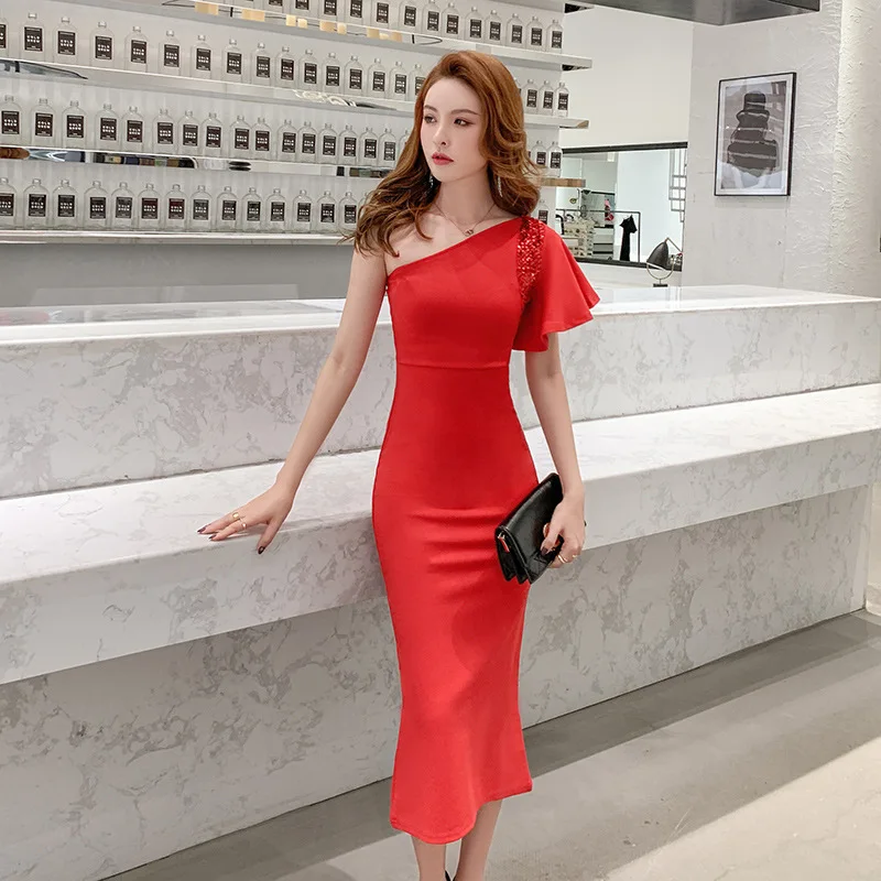 

Летние сексуальные вечерние облегающие офисные платья-карандаш, женское элегантное Брендовое платье с одним открытым плечом и блестками, к...