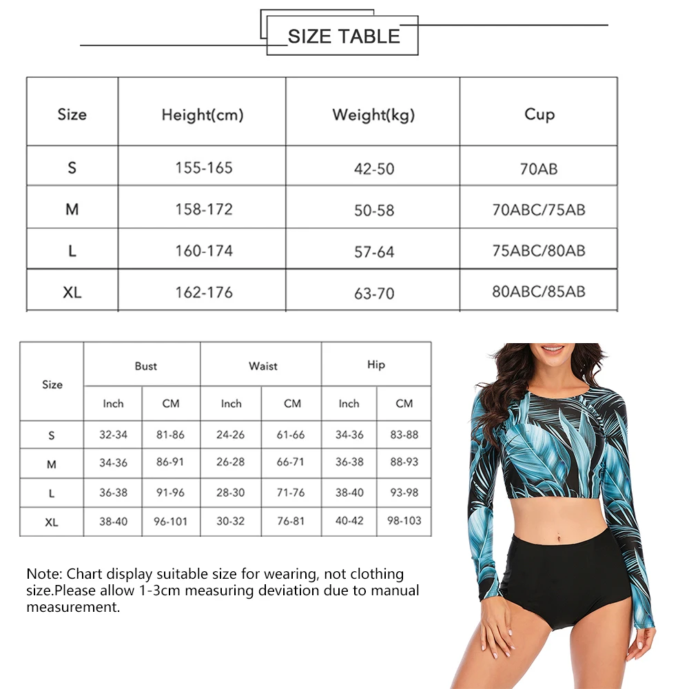 

Long Sleeves Swimsuit Set S/M/L/XL Two Piece UV Women Sexy Bikini Swimwear Spa Beach Water Sports c