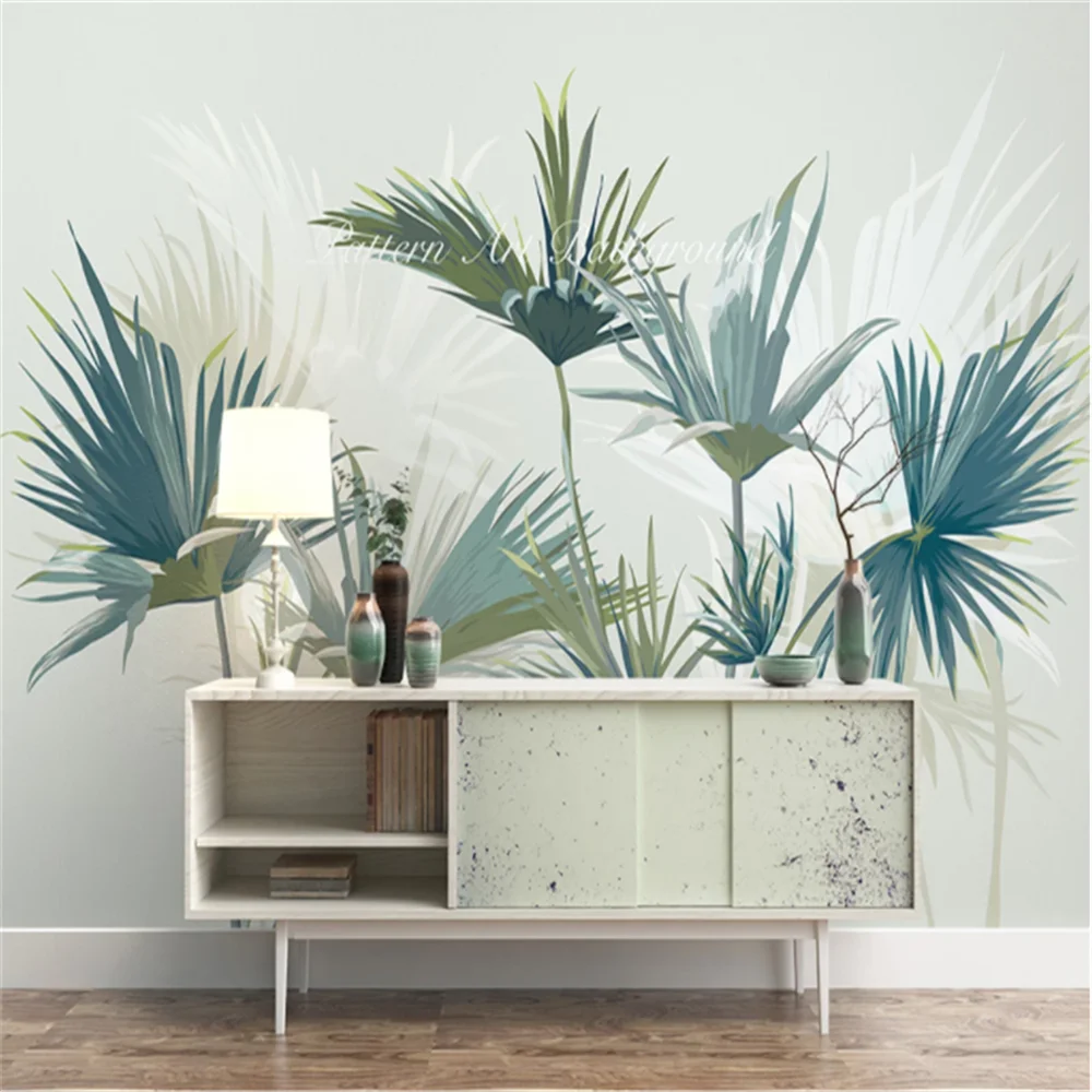 

Custom Mural Wallpaper Hand-Painted Tropical Rainforest Palm Tree Sofa TV Background Wall Painting