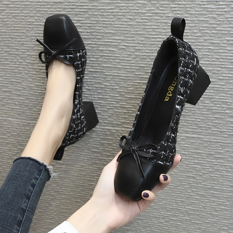 Туфли лодочки женские твидовые в шотландскую клетку на высоком каблуке|Женские