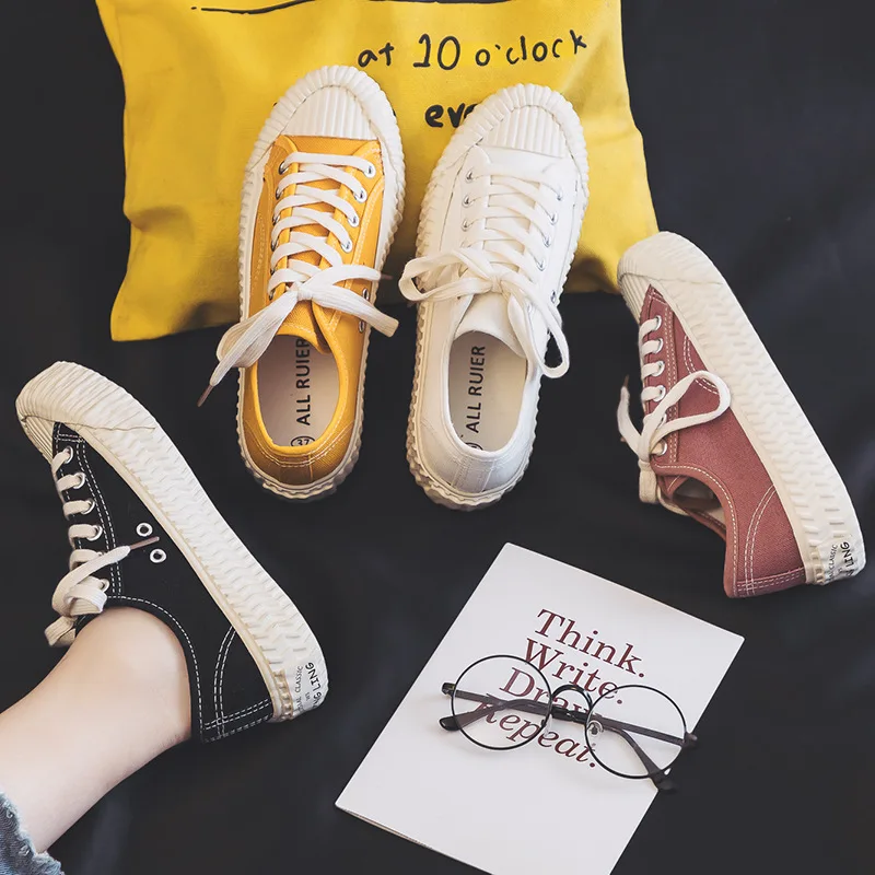 

Biscuit shoes women's joker canvas shoes Breathable Low gang Korean shoes Rubber sole Lace up Leisure Student board shoes
