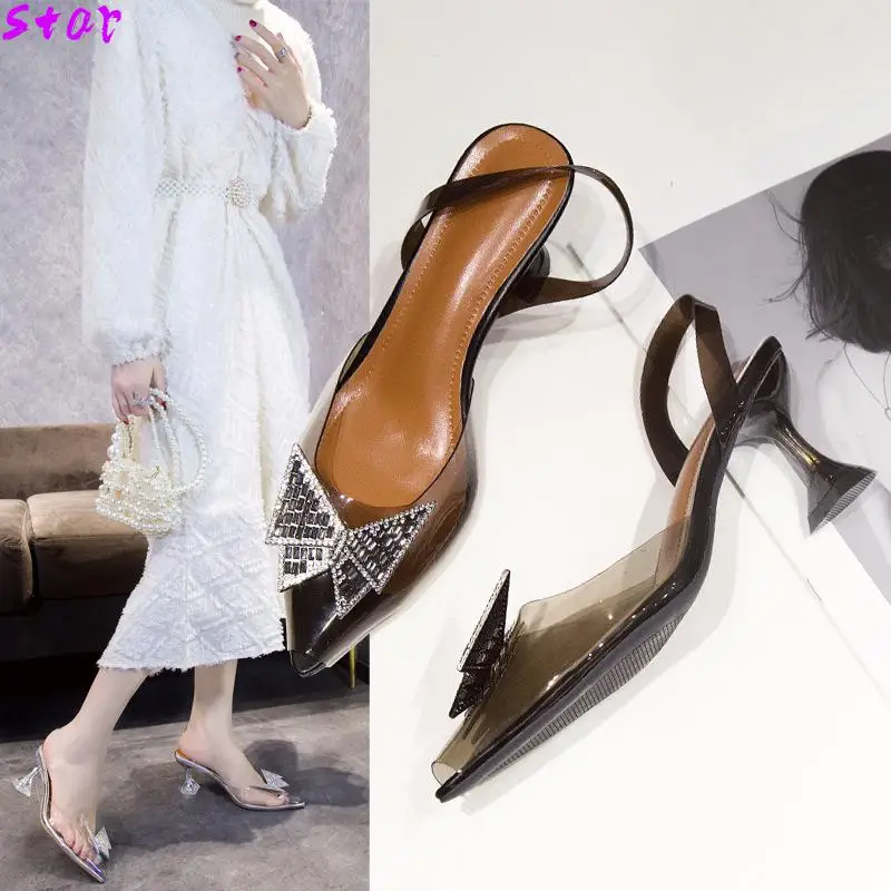 Summer Ladies High Heels Butterfly Crystal Women's Sandals Pointed Toe Baotou Transparent Stiletto Women's Shoes Party Shoes