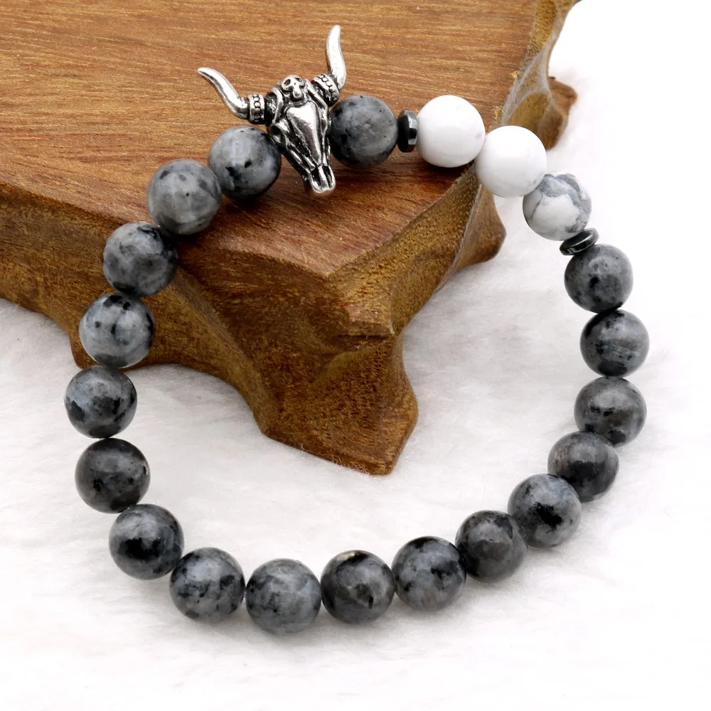 Череп бык голова смерти животных браслеты стрейч Howlite Луна камни 8 мм бисером Strand браслеты