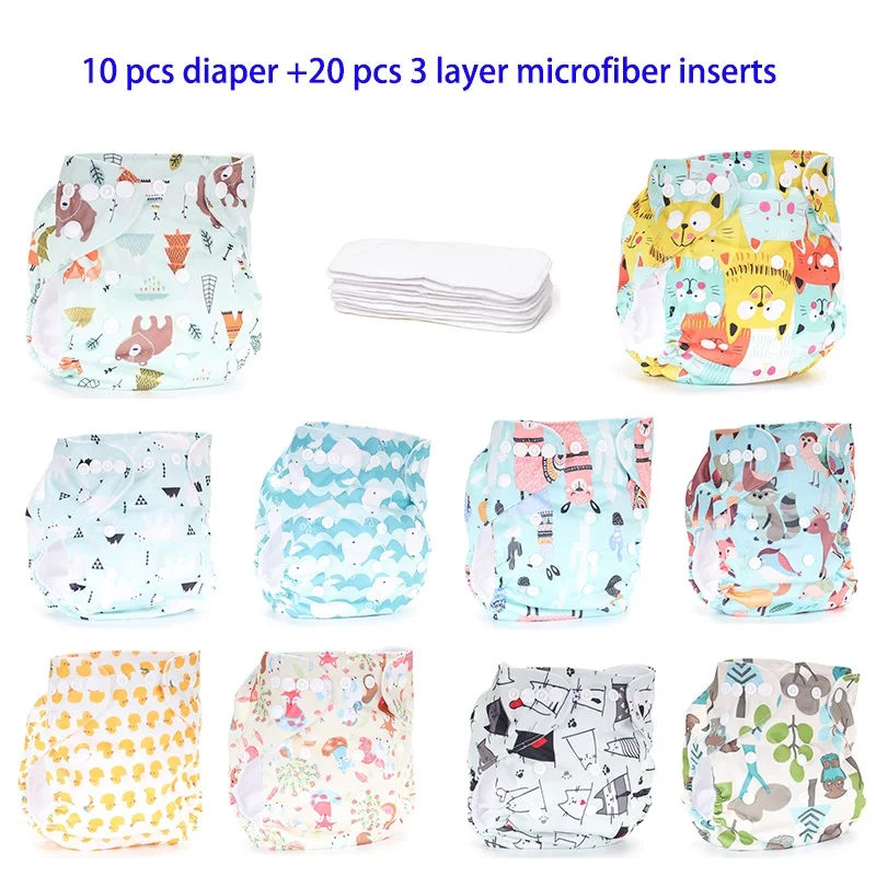 10 pcs diaper + 20 pcs inserts Baby Cloth Diapers Reusable Nappies   Waterproof Pocket Cloth Diaper Baby Shower Gifts