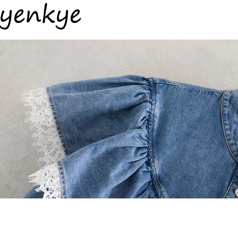 Винтажная синяя джинсовая блузка с кружевной отделкой женская рубашка