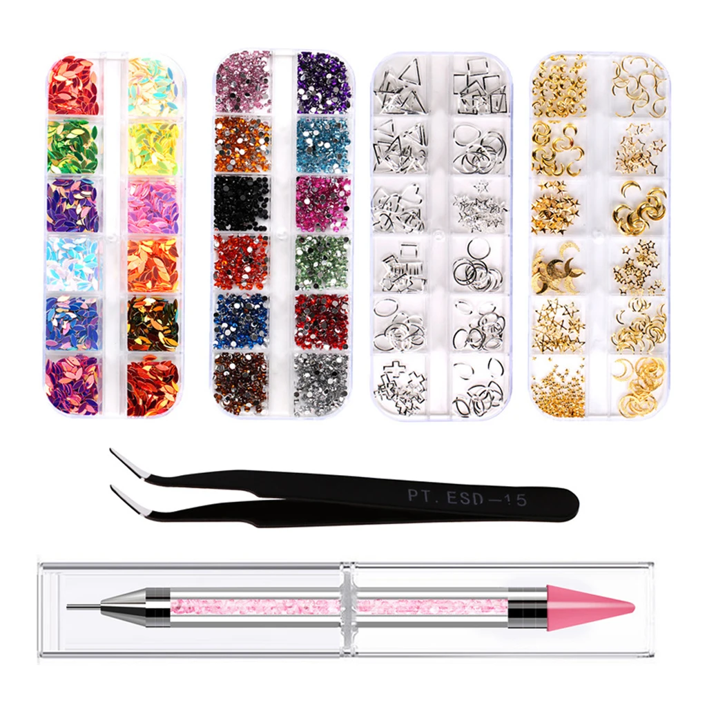 

6Pcs Nail Art Tips Crystals Rhinestones Curved Tweezer Picker Dotting Tools Kit