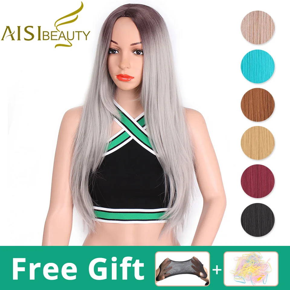 AISI BEAUTY длинные прямые серые Красные Розовые Омбре черные Искусственные парики для женщин косплей волос термостойкие 26"