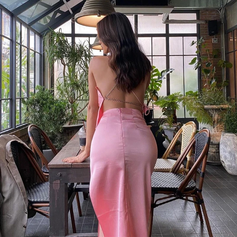 

Fashion Women's Sling Bandage Solid Color Deep V Neck Dyeing Side Slit Women's Sexy Party Club 2-piece Set Summer 2021 New