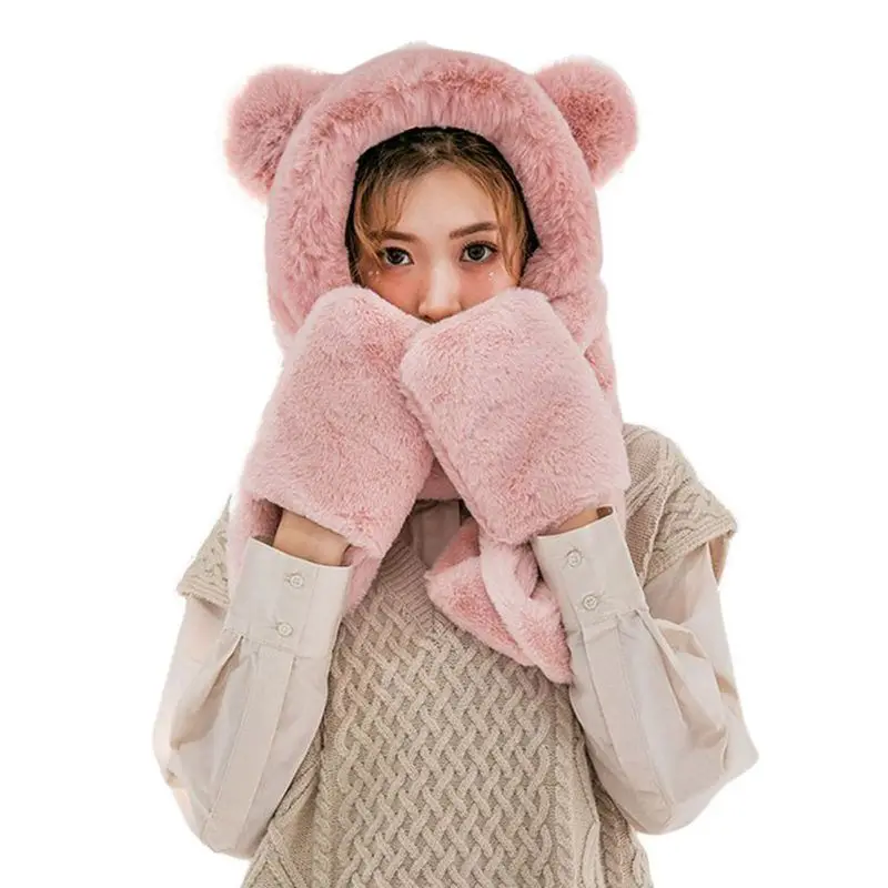 

3in1 Winter Cute Fleece Hooded Scarf With Pocket Mittens Beanies Warm Plush Earflap Hat Long Scarf Gloves Set For Women