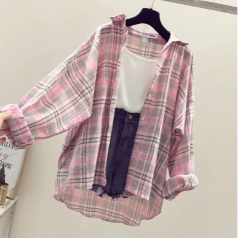 

Top Female Checkered Shirt Plus Size Plaid Shirt Long Sleeve Loose Sunscreen Shirts Cotton Thin Section Shirt Spring Summer 2021