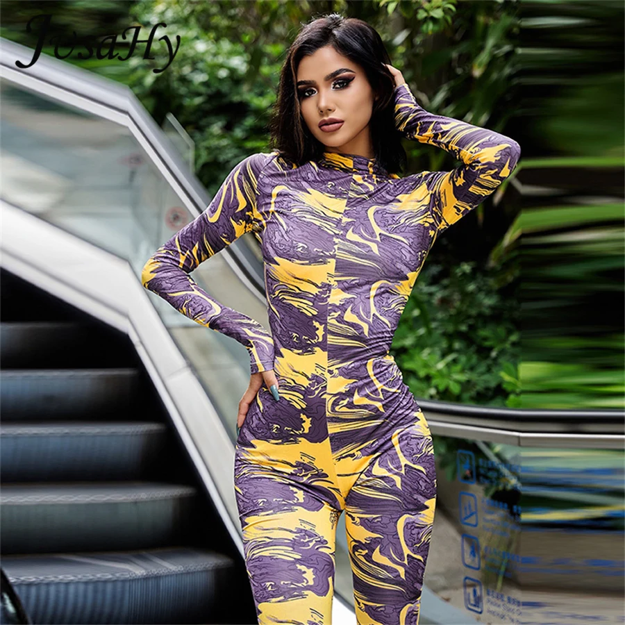 

JuSaHy Autumn Aesthetic Print Jumpsuit for Women Fashion Turtleneck Long Sleeves Stretchy Body-Shaping Outfits Casual Streetwear