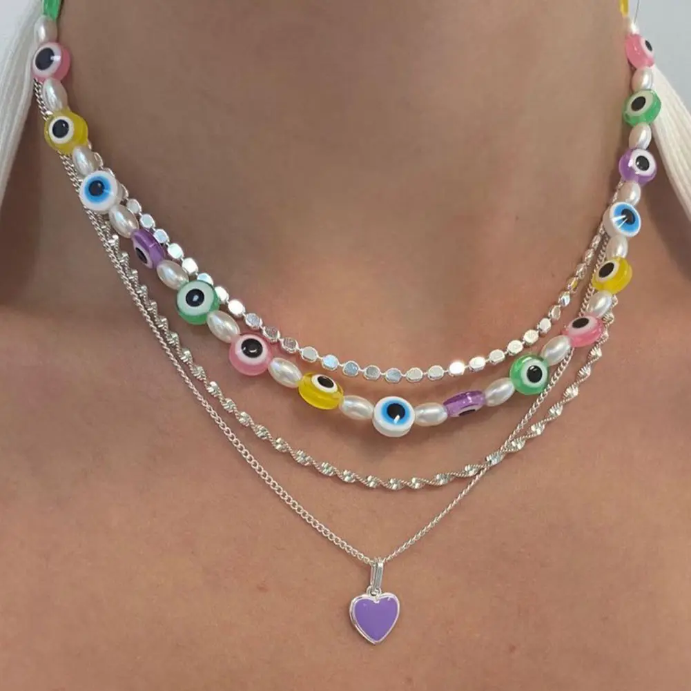 

New Trendy Rainbow Glass Evil Eye Pearl Choker Beaded Necklace For Women Heart Layered Chain Necklace Turkish Boho Y2K Jewelry