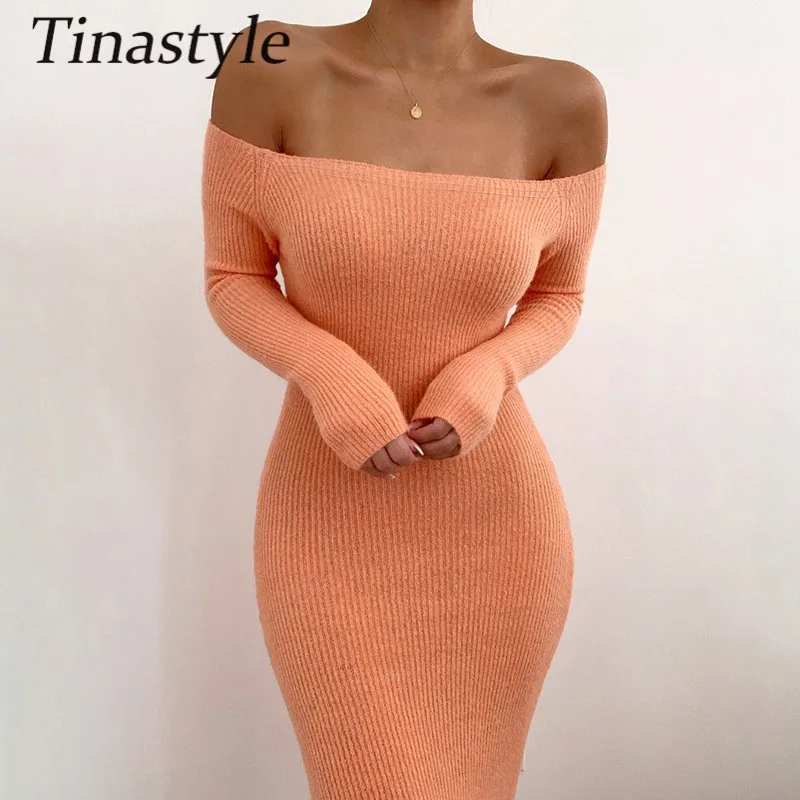 

Женское платье-свитер без бретелек Tinastyle, облегающее зимнее платье с открытыми плечами и длинным рукавом, базовая повседневвечерние одежда ...