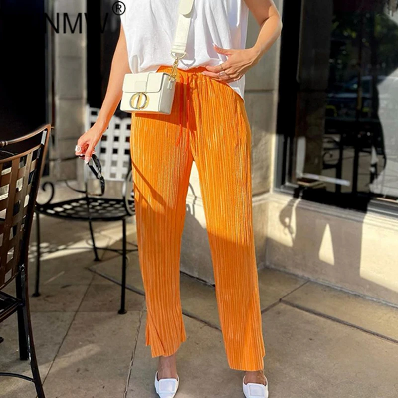 

LVINMW Pants Side Split Solid Casual Fashion Wide Leg Pant Drawstring Draped Soft Slim Simple Bottoms Women Folds Streetwear