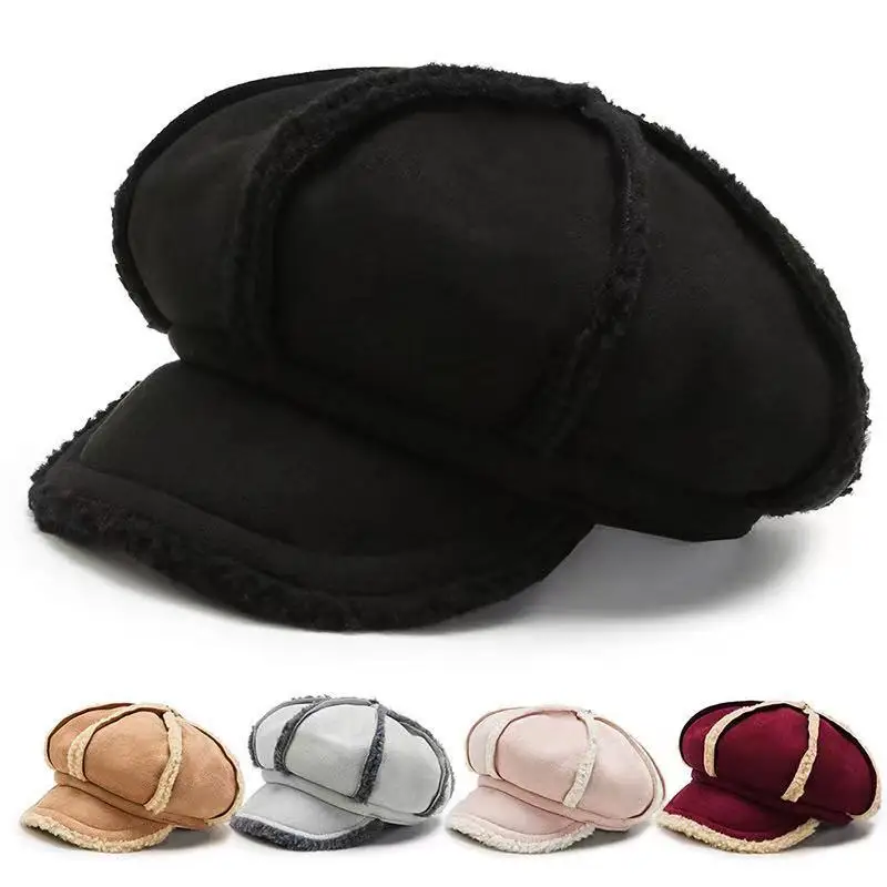 

2022 new winter popular Hat New Winter deer skin cashmere lamb wool curved brim octagonal hat Korean outdoor versatile duck