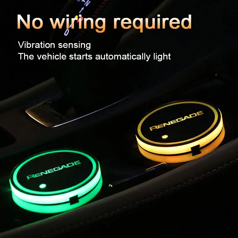 

Car Logo Led Atmosphere Light 7 Colorful Cup Luminous Coaster Holder For Jeep Renegade 2017 - 2020 2021 2016 Auto Accessories