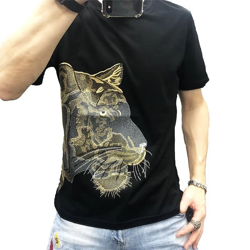 

2021 Top Brand Men's Double-Sided Mercerized Cotton T Short Sleeve Tiger Head Embroidered Round Neck Bottoming Shirt