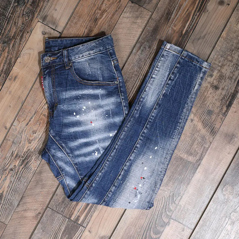 European American Street Fashion Men Jeans Retro Blue Elastic Slim Ripped Jeans Men Painted Designer Hip Hop Denim Punk Pants
