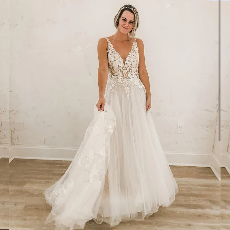 

Elegant A-Line Wedding Dress V-Neck Sexy Tank Lace Appliques Backless Sleeveless Women Civil Bride Gown 2021 Vestidos De Noiva