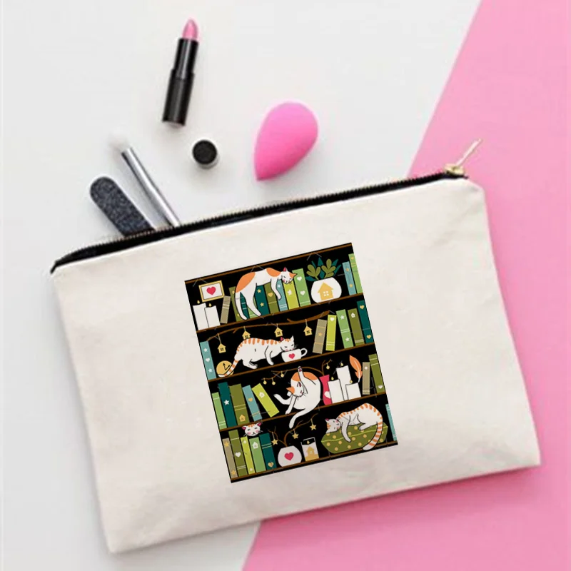 

Women Library cats green Printed Make up bag Fashion Women Cosmetics Organizer Bag for Travel Colorful Storage Bag for Lady Bag