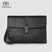 yilinsa luxury men cowhide genuine leather clutch wallet 2021 fashion woven zipper high quality designer cowskin male bag purse