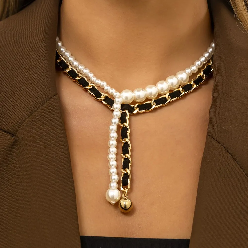 

Cosysail 2Pcs Simple PU Leather Metal Chain Necklace for Women Vintage Imitation pearls Tassel Necklace Party Statement Jewelry