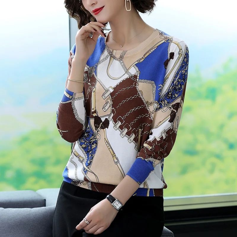 Sweater Tops Pullover Women O-neck Loose Autumn High Quality Female Color Printed Knitted Elegant Jumper Sueter | Женская одежда