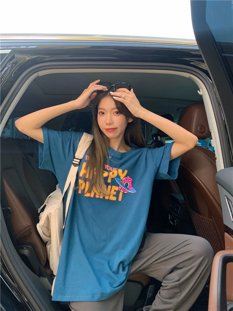 

YTX1832 2021 new fashion loose happy planet printing letter round neck short sleeve T-shirt women