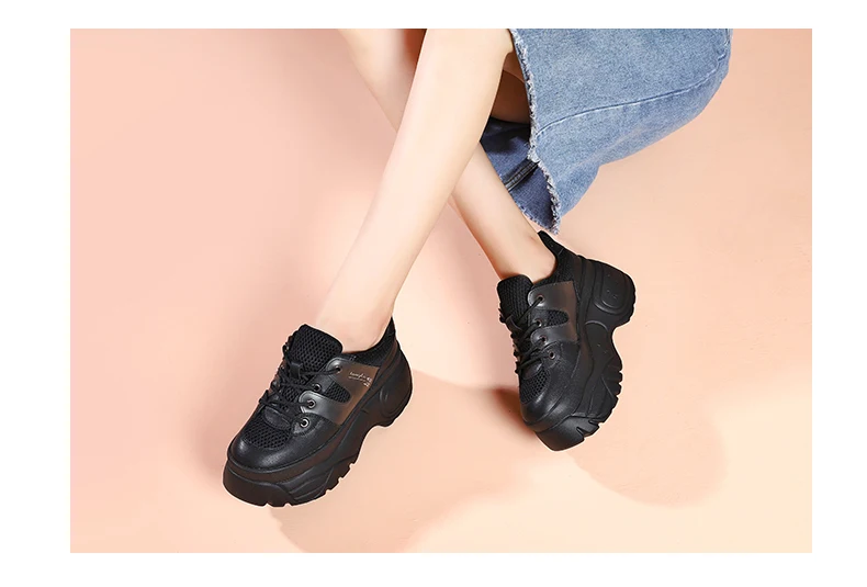 Smile Circle Genuine Leather Sneakers Women Flat Platform Shoes Autumn Breathable mesh women Thick bottom shoes