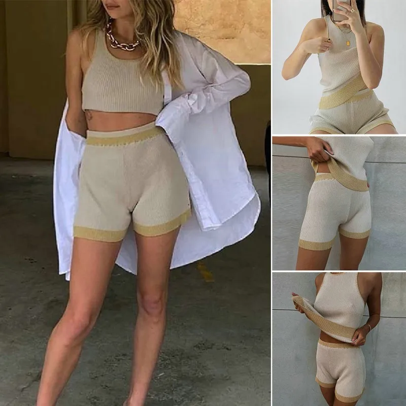 

Women's Sexy Slim Rib Sleeveless Round Neck Vest Gold Lace Contrast Sweater Shorts Suit Elasticity Soft Breathable Clothing