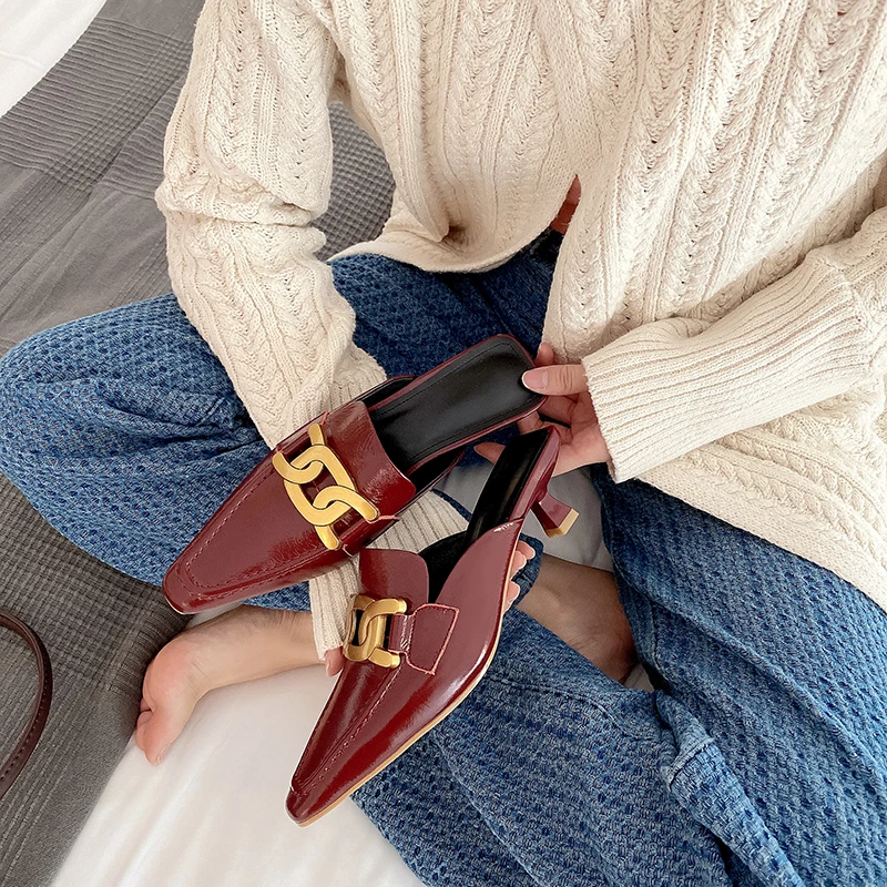 

2021 new Women's Slippers natural leather 22-24.5cm length Women's summer shoes outdoor fashion High-heeled small square toe