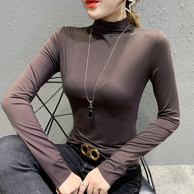 

shintimes T-Shirt Female 2019 Autumn Solid Basic Bottoming Shirt Tshirt Tops Womens Korean Soft Modal Cotton Slim T Shirt Women