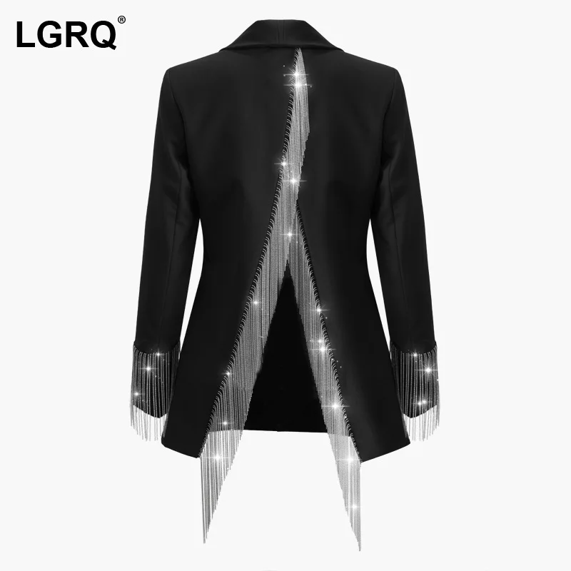 

[LGRQ] Costume Pour Femme Black Tassel Casual Jacket New Notched Neck Long Sleeve Cots Fashion Tide Autumn Winter 2021 19D1300