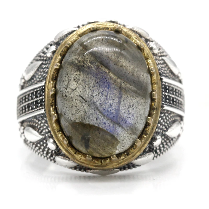 Мужское кольцо с натуральным лунным камнем из стерлингового серебра 925 пробы в