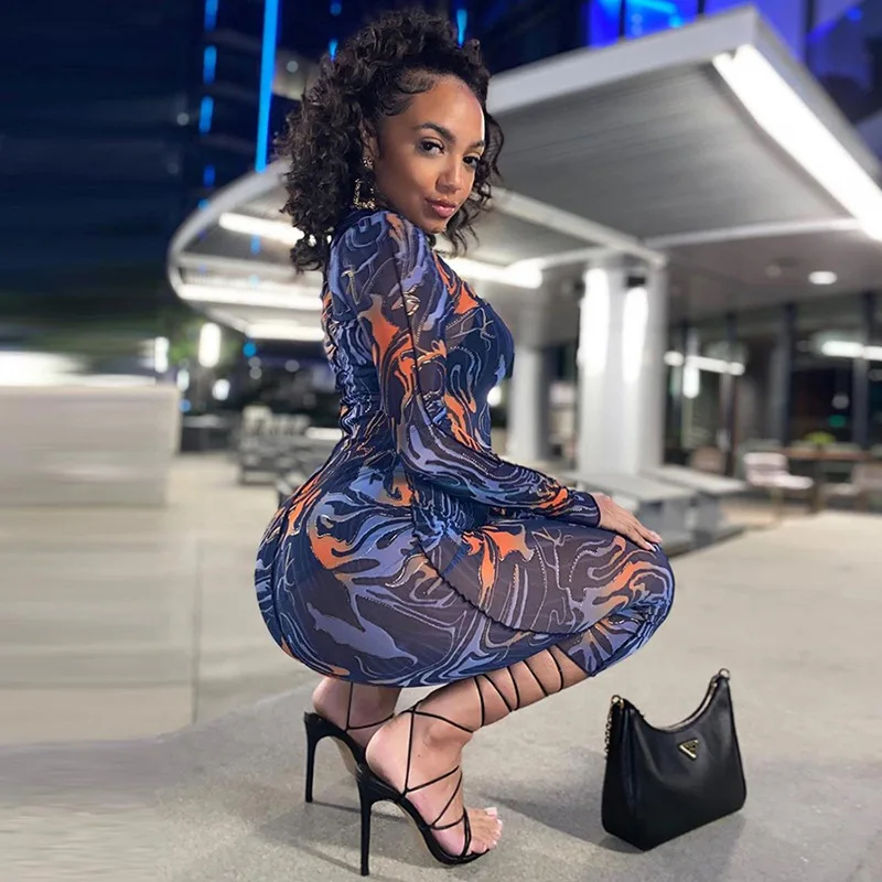 

2021 Autumn New Women's Round Neck Long Sleeve Fashion Slim Printed Mid-length Dress Women A396