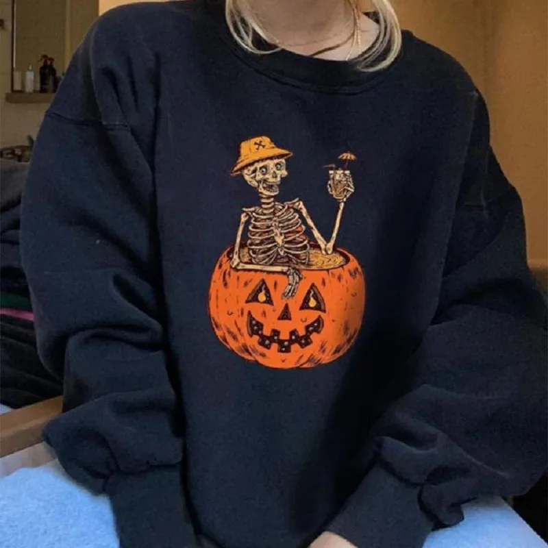 

Pumpkin Head Print Oversized Crewneck Sweatshirt Women Loose Vintage Long Sleeve Fashion Winter Tops for Women 2020 Fall Winter
